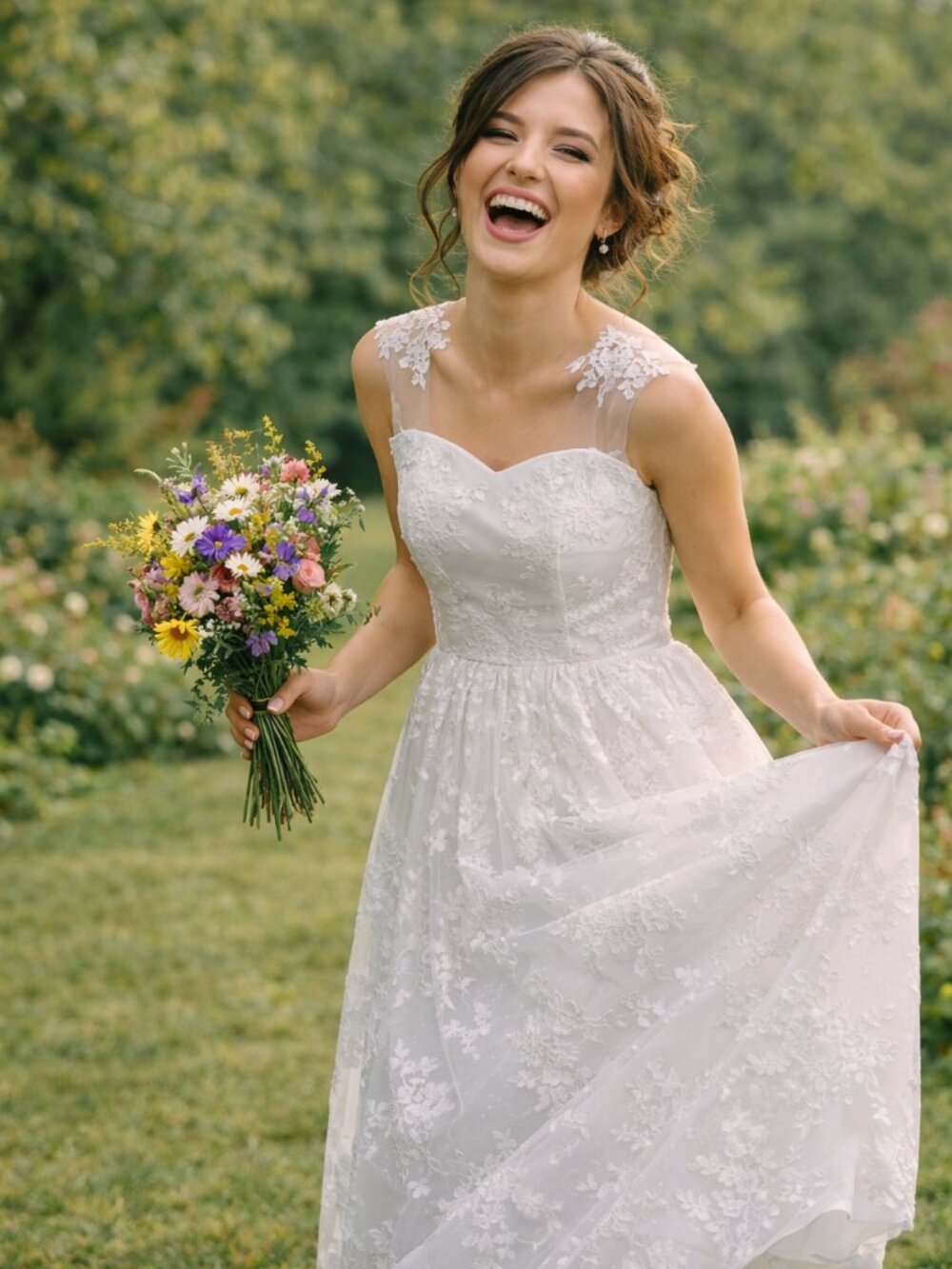 Sleeveless lace overlay full length wedding dress